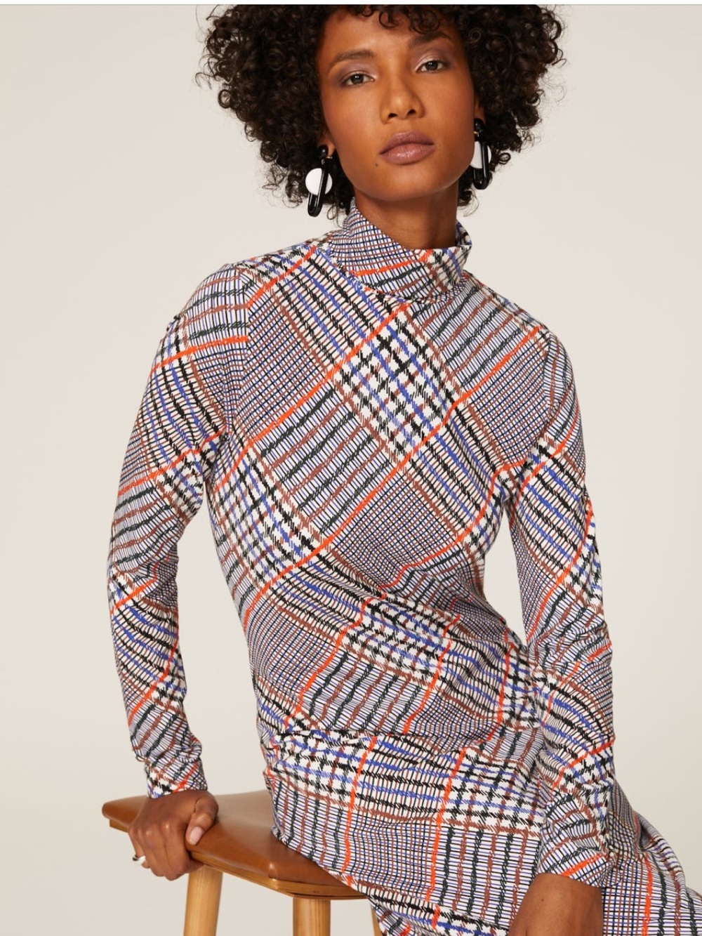 Tanya Taylor Elette Plaid Multicolor Long Sleeve Mock Neck Jersey Midi Dress XS